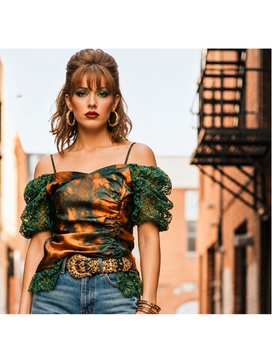 Vintage Tops - Vintage 1980s Metallic Lace Puff-Sleeve Top (Upcycled)